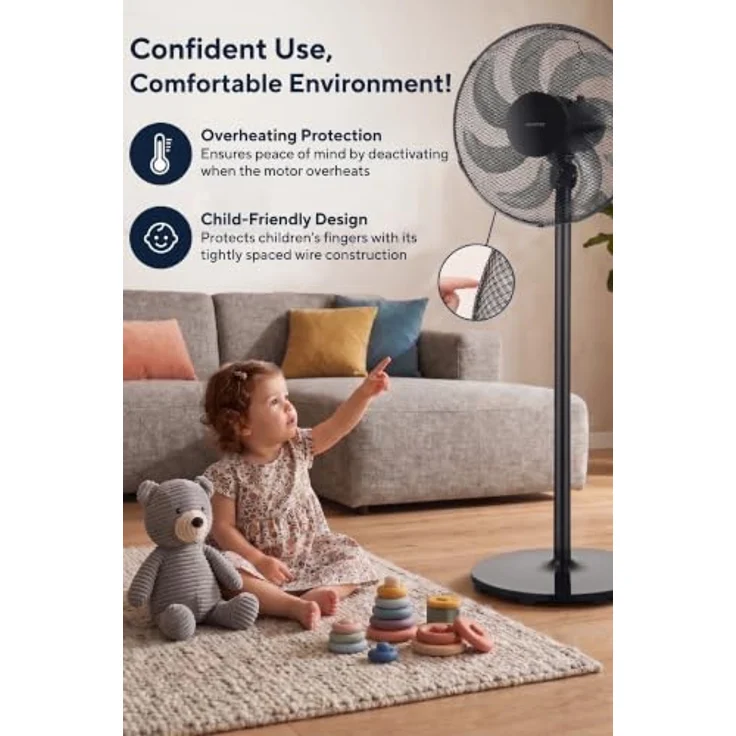 KUMTEL Standventilator KTF-760, 50 W, 7-Blatt-Rotor, Kupfermotor, höhenverstellbar, schwarz – Bild 8