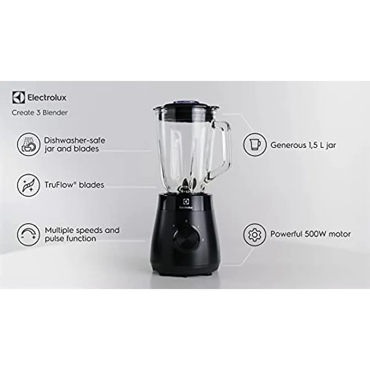 Electrolux E3TB1-4GG Standmixer, 500 Watt, 1,5 Liter, Puls-Funktion, Deckel, Drehregler, schwarz – Bild 3