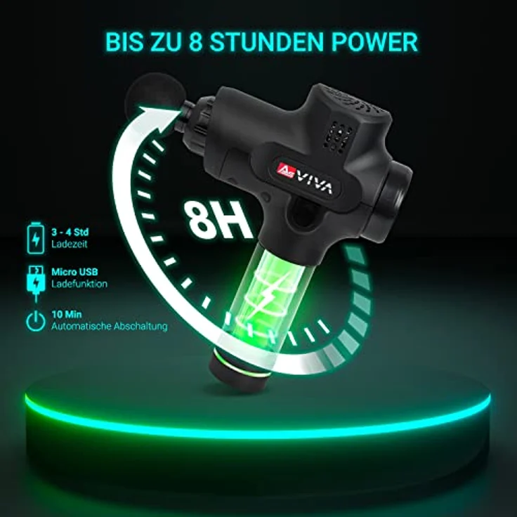 AsVIVA Physiovibe Pro MGN1 Massage Gun mit Wärmekopf, austauschbaren 2400 mAh Akku, USB Ladefunktion und 7 Massageköpfen, Massagegerät – Bild 4