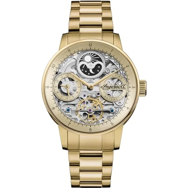 Ingersoll The Jazz 42 mm automatische Mondphasenuhr für Herren mit Skelettzifferblatt und goldenem Edelstahlarmband – Bild 1