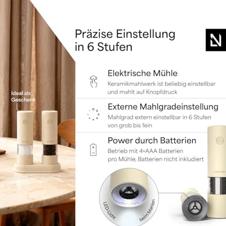 LARS NYSØM Elektrisches Salz- und Pfeffermühlen Set, automatische Gewürzmühlen mit einstellbarem Keramikmahlwerk, AAA-Batteriebetrieben, 2 Stück mit Untersetzer, Almond Beige – Bild 2