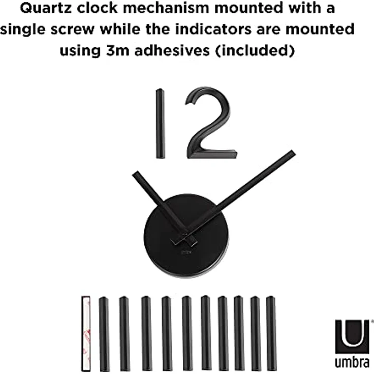 Umbra Blink, Moderne und Minimalistische DIY Quarz Wanduhr ohne Rahmen, Ziffern zum Aufkleben, Wanddekoration für Küche, Büro, Schlafzimmer und Wohnzimmer, Metall, Schwarz – Bild 5