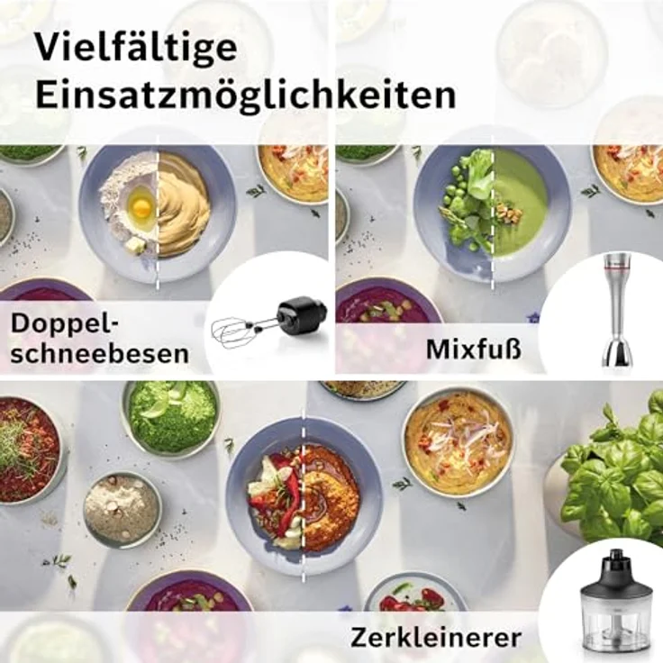 BOSCH Stabmixer ErgoMaster Serie 8, MSM8M934, 1500 W, 6 Klingen Edelstahl, inkl. Doppelschneebesen, Zerkleinerer und Mixbecher, Edelstahl, luftgekühlter Motor – Bild 11