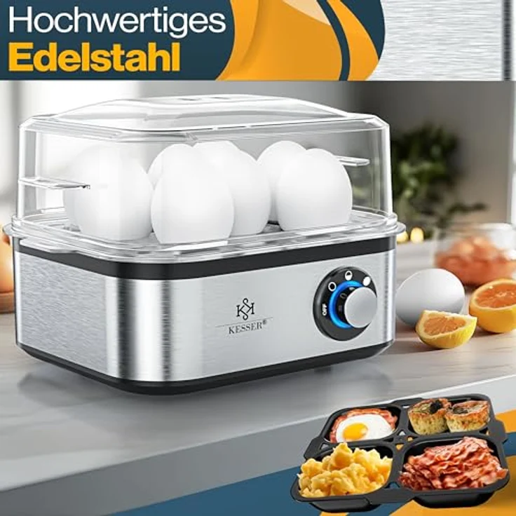 KESSER® Eierkocher für 1 bis 8 Eier, elektrisch aus Edelstahl 500W mit Warmhaltefunktion, LED-Drehschalter, drei Härtegrade, BPA-frei & spülmaschinenfest, inkl. Messbecher, Eierhalter & Omlettschale, Silber – Bild 3