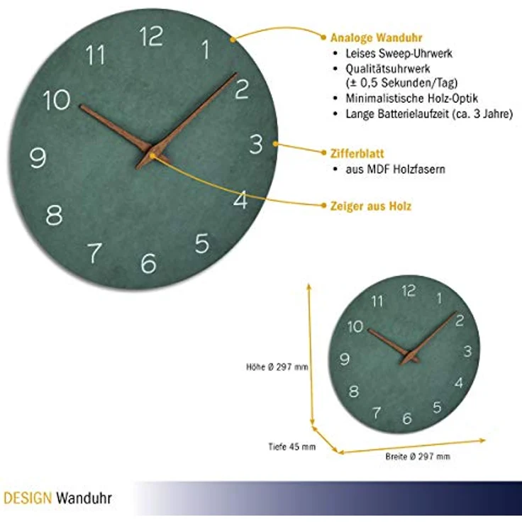 TFA Dostmann Wanduhr analog, 60.3054.04, in Holz-Optik, Quarzuhrwerk mit langer Batterielaufzeit, jadegrün, MDF Holzfaser, (L) 297 x (B) 45 x (H) 297 mm – Bild 4