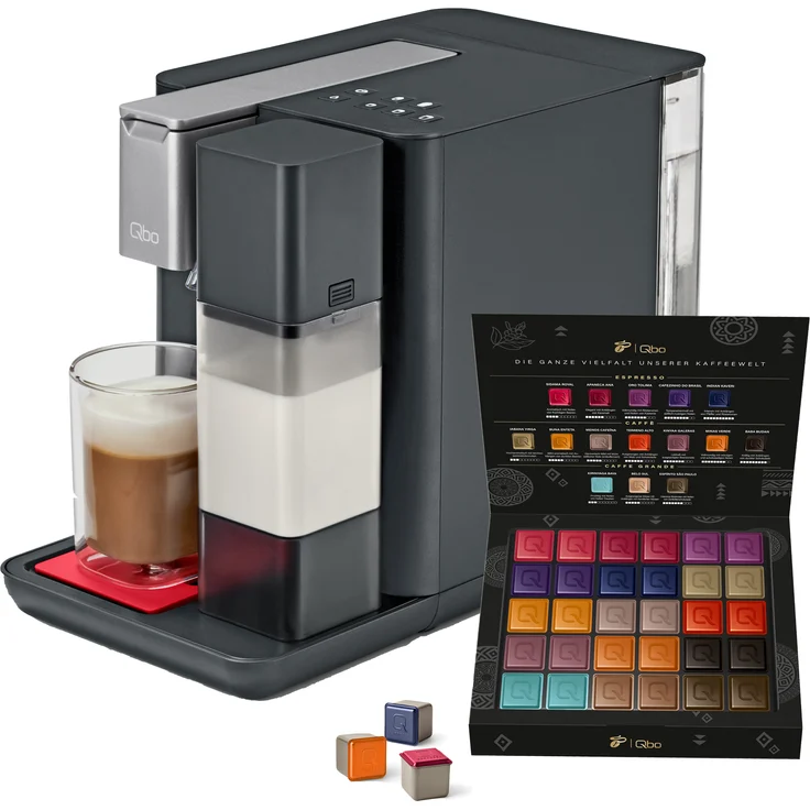 Tchibo Qbo MILK MASTER Premium Kapselmaschine inkl. 30 recyclebare Qbo Kapseln für Cappuccino, Espresso, Caffè Crema, Milchschaum auf Knopfdruck mit abnehmbarem Milchtank 300ml, Lipstick Red