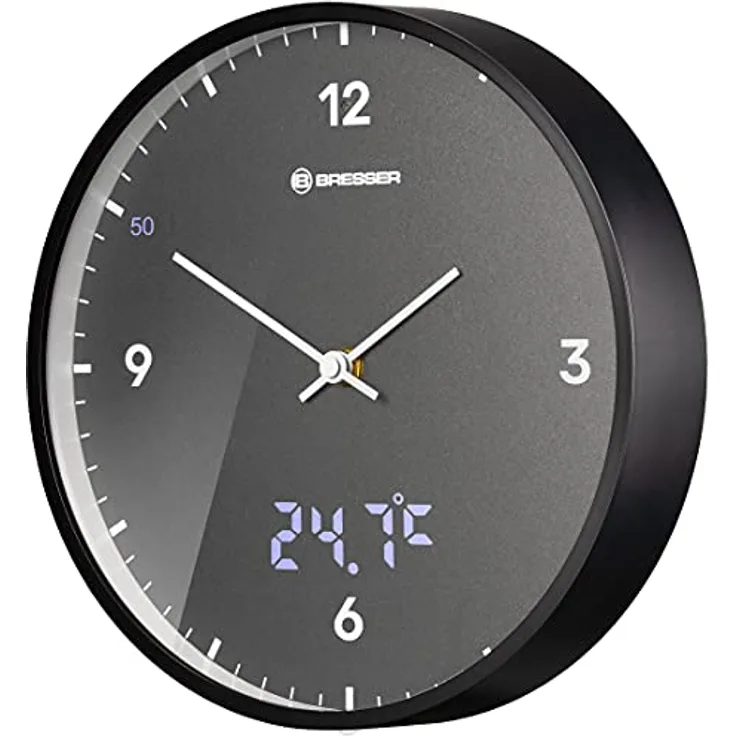 Bresser MyTime Wanduhr mit Funk ohne Tickgeräusche mit 24 cm großem Ziffernblatt, LED  Sekundenanzeige, Innentemperatur und geräuschlosem Funkuhrwerk, grau