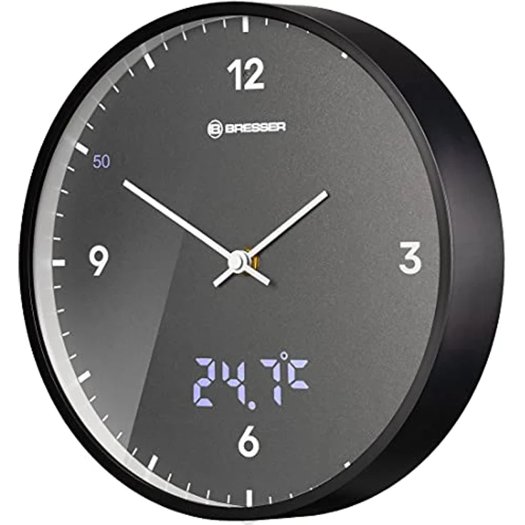 Bresser MyTime Wanduhr mit Funk ohne Tickgeräusche mit 24 cm großem Ziffernblatt, LED  Sekundenanzeige, Innentemperatur und geräuschlosem Funkuhrwerk, grau – Bild 1