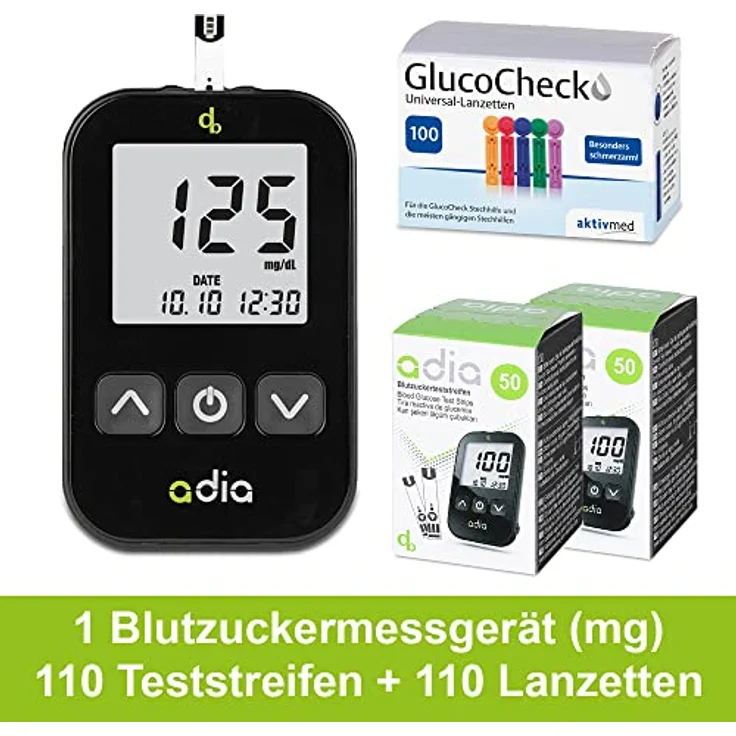 adia Blutzuckermessgerät (mg/dl) + 110 Blutzuckerteststreifen + 110 Universal-Lanzetten, Stechhilfe: Maxi-Sparset zur Blutzucker-Selbstkontrolle bei Diabetes – Bild 2