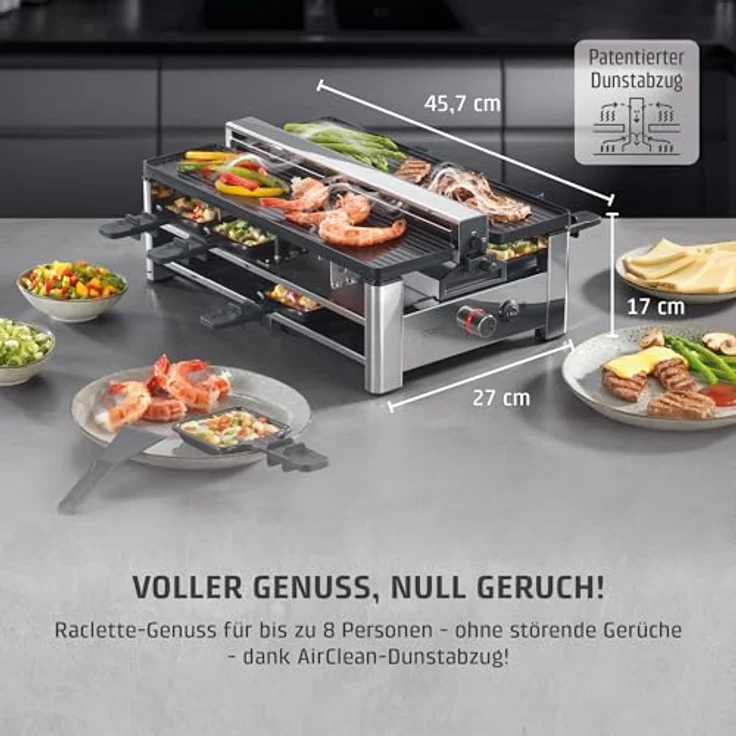 CASO Raclette AirClean, Raclettegrill mit Dunstabzug für 8 Personen, 1500 Watt, PFAS-freie Antihaft-Keramikbeschichtung, austauschbarer Geruchs- und Kohlefilter – Bild 3