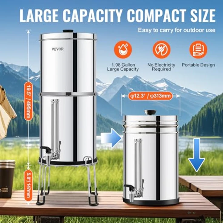 VEVOR Schwerkraft Wasserfiltersystem Edelstahl 7+7,5L, reduziert Blei und bis zu 99% Chlor, inkl. 2 Aktivkohlefiltern und 2 Entfluorierungsfiltern – Bild 5