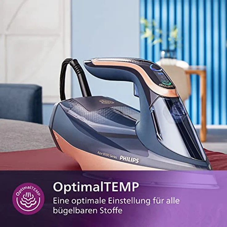 Philips Azur 8000 Serie Dampfbügeleisen - 85 g/min Konstanter Dampf, 260 g Turbo-Dampfstoß, 3000 W, OptimalTEMP Technologie, SteamGlide Elite-Bügelsohle, Dunkelblau (DST8050/20) – Bild 4