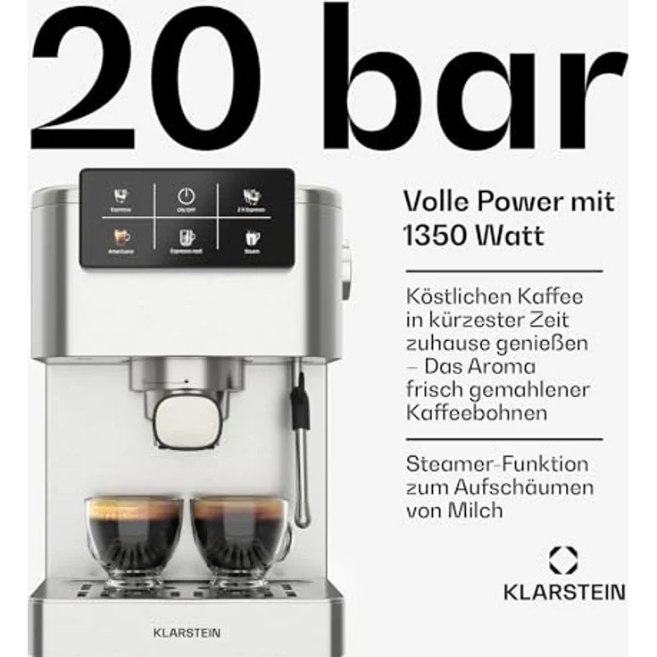 Klarstein SteelPresso Touch Siebträgermaschine – 20-Bar, 1350 W, Edelstahl, 1,5-L-Wassertank, Touch-Display, Integrierter Milchaufschäumer, Kompaktes Design, Kaffeemaschine – Bild 3