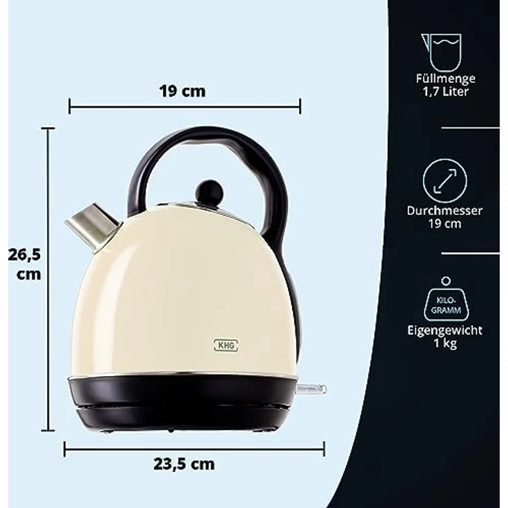 KHG Kessel-Wasserkocher WK-1711 Retro, creme, Edelstahl, 1,7 Liter, abwaschbarer Kalkfilter, Trockenschutz, Abschaltautomatik, 2200 Watt – Bild 3