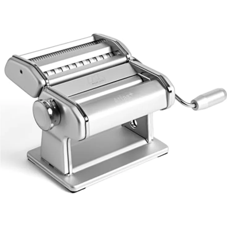 Marcato Atlas+ Nudelmaschine, eloxiertes Aluminium, 4-in-1 für Lasagne, Fettuccine, Tagliolini und Spaghetti, hergestellt in Italien, kompatibel mit zusätzlichem Zubehör