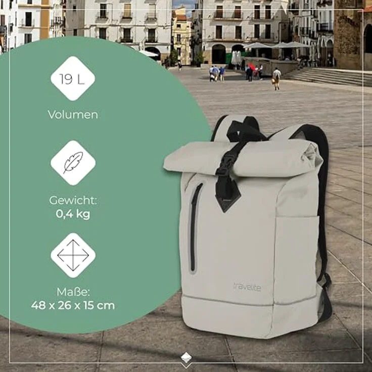travelite BASICS Roll-Up Rucksack, wasserdichter Freizeitrucksack mit atmungsaktiver Rückwand und reflektierenden Applikationen, schwarz – Bild 3