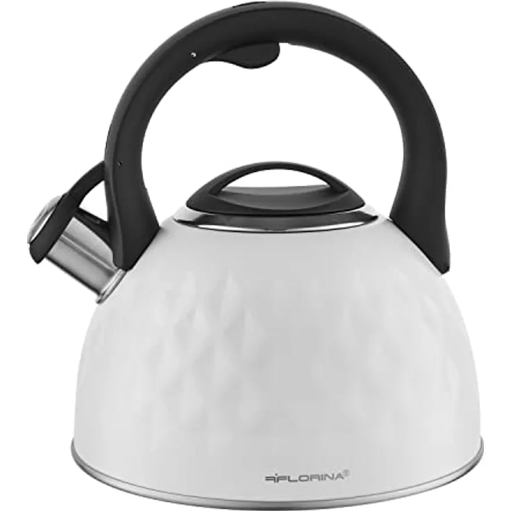 FLORINA Wasserkessel (2,5 l) I Edelstahl Teekessel DIAMANTE I Flötenkessel mit Silikongriff I Wasserkocher für Induktionsherd, Gasherd und Elektroherd I Farbe: Weiß
