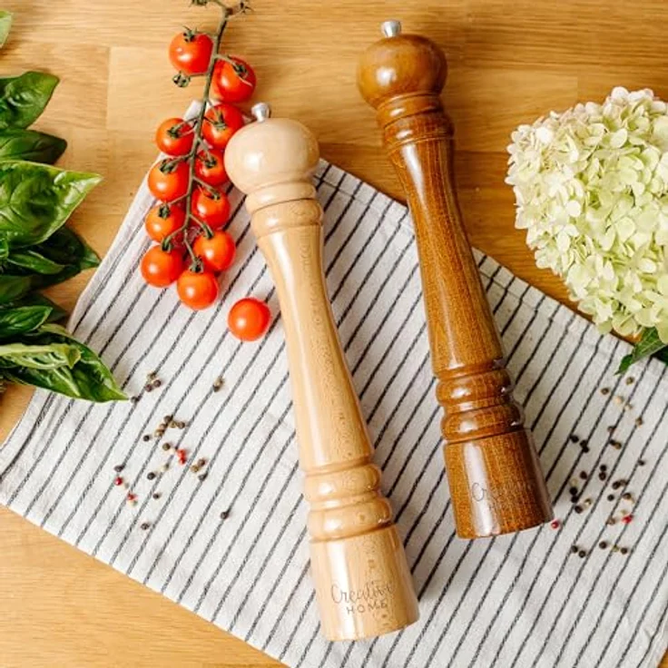 Creative Home Salz Pfeffermühle und Pfeffermühle Set aus Buchenholz, 31,5 cm Höhe mit manuellen Metallmahlwerk und Mini-Holzschaufel, ideal für Gewürze – Bild 2