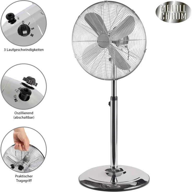 ProfiCare PC-VL 3064 MS Metall-Standventilator, Oszillierend, Neigungswinkel verstellbar, Höhenverstellbar, Ø ca. 40cm, inox - Preisvergleich – Bild 2