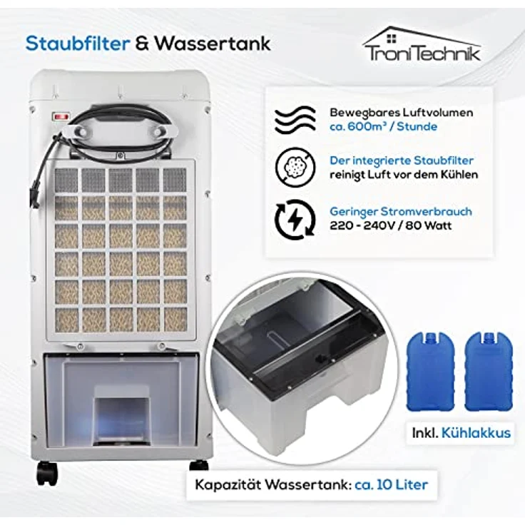 TroniTechnik Ventilatorkombigerät LK06 Aircooler, 10L Wassertank, 5in1 Ventilator, Ionisator, Fernbedienung, Timer, Kühlakku, Oszillation, Weiß – Bild 9
