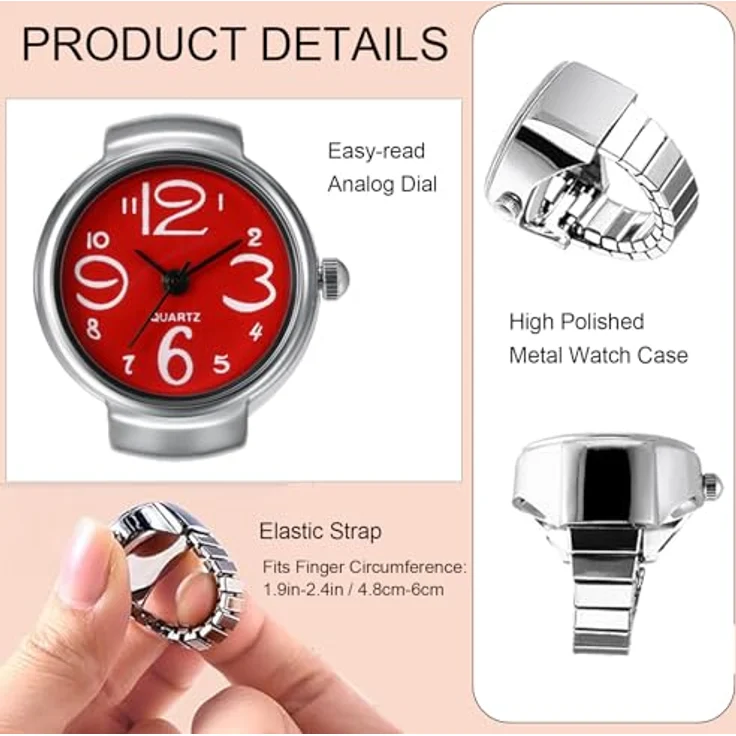 JewelryWe Ringuhr Herren Damen, Analoge Quarz-Uhr mit elastischem Legierungsband, rund, rot – Bild 3