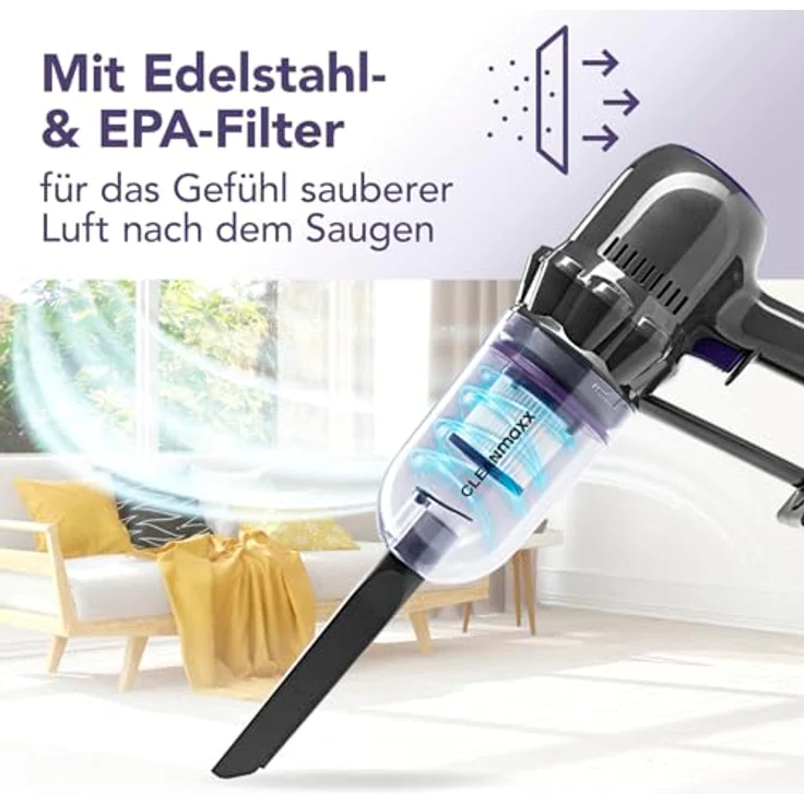 CLEANmaxx Akku-Staubsauger 2in1, kabellos, Hand- & Bodensauger mit 10 kPa Saugleistung, inkl. 2 Düsen und Wandhalterung – Bild 3