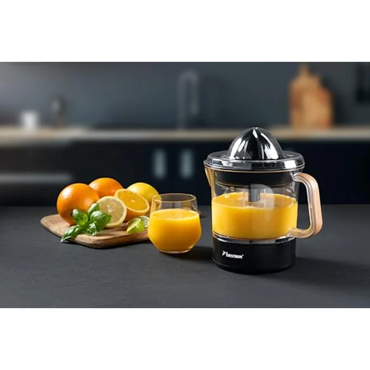 Bestron elektrische Zitrus- & Orangenpresse, inkl. 2 Presskegel und Aromadeckel, Motor mit zwei Drehrichtungen, Füllmenge: 0.7 Liter, Black & Wood Kollektion, Schwarz/Holz – Bild 3