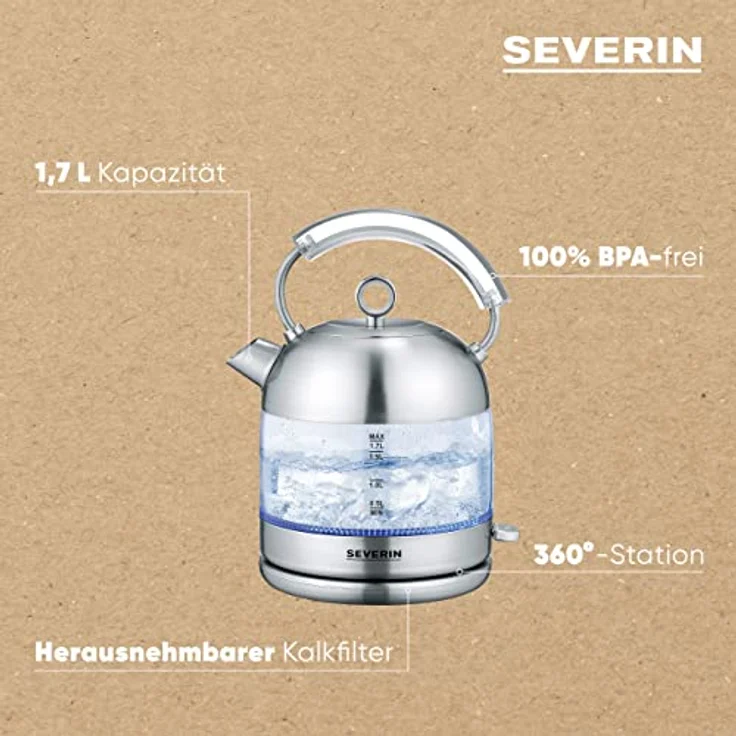 Severin WK 3459 Glas-Wasserkocher, 2400W, 1,7 Liter, Wasserstandsanzeige, abnehmbarer Deckel, silber – Bild 4