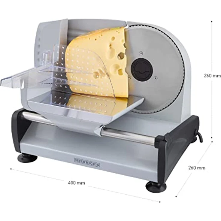 HEINRICHS Metall-Allesschneider, elektrische Brotschneidemaschine, Wurstschneidemaschine, Edelstahl-Rundmesser(Ø19cm), stufenlose Schnittstärkeneinstellung, integr. Sicherheitssperre,200W Heinrich´s – Bild 3