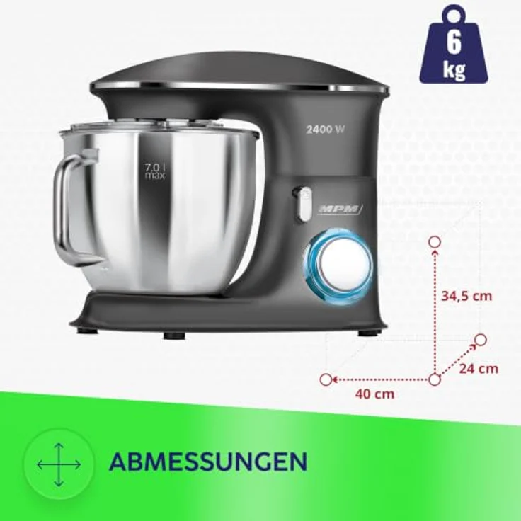 MPM MRK-23, planetarischer Küchenroboter mit 2 Edelstahlschüsseln (je 7 l, grau), 2400 W, 6 Geschwindigkeitsstufen – Bild 7
