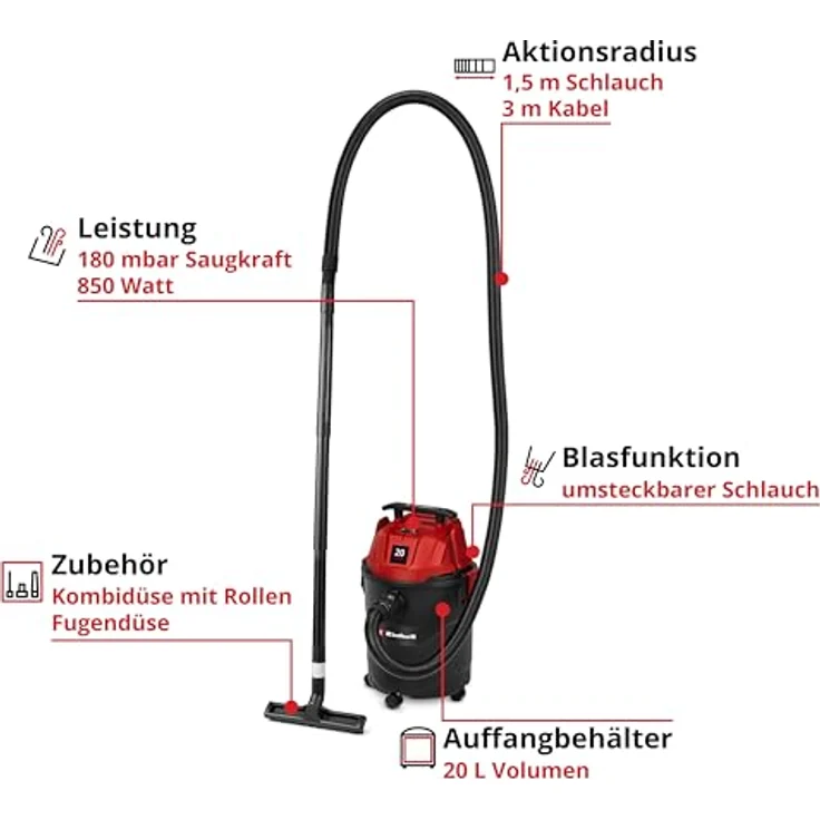 Einhell Nass-Trockensauger TC-VC 2045, 850 Watt, 180 mbar Saugleistung, 20 L Auffangbehälter, Blasanschluss, inkl. Düsen, Filter und Schmutzfangsack – Bild 2
