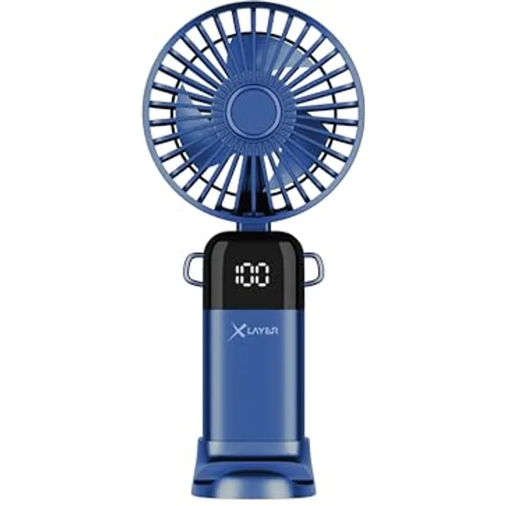 Xlayer Klappbarer Handventilator mit Smartphone Halterung, 1.200 mAh Akku, 5 Geschwindigkeiten, Blau