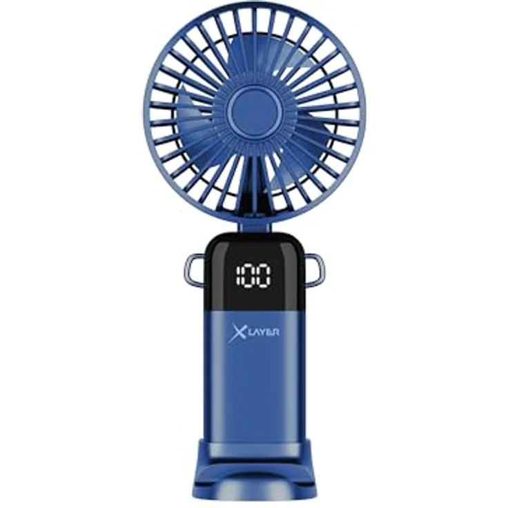 Xlayer Klappbarer Handventilator mit Smartphone Halterung, 1.200 mAh Akku, 5 Geschwindigkeiten, Blau – Bild 1