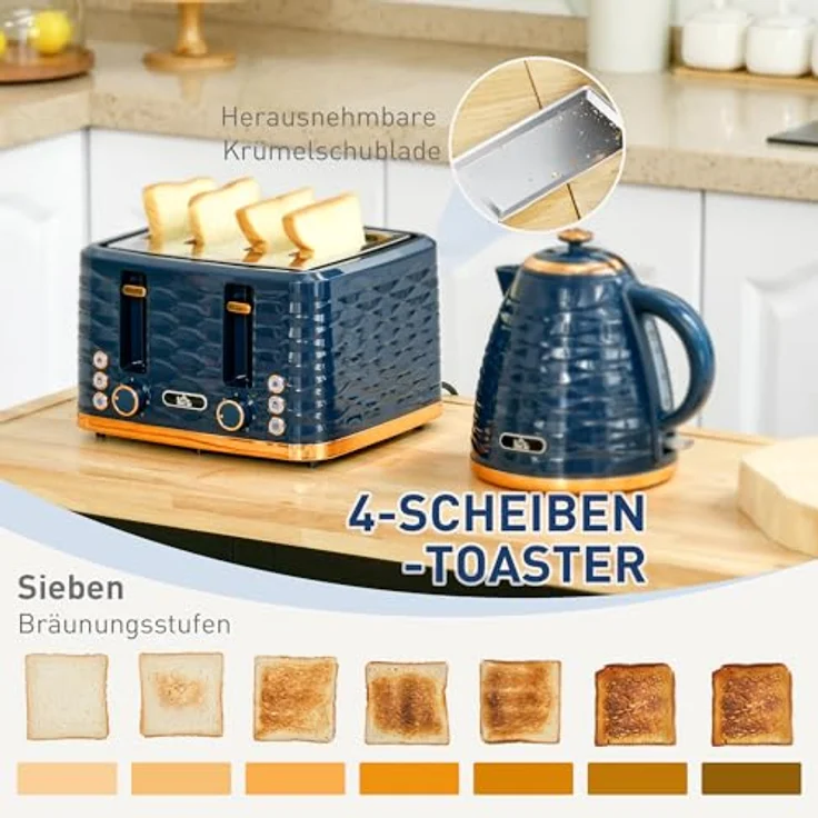 HOMCOM Kocher-Toaster-Set, 1,7 L Wasserkocher und 4-Scheiben-Toaster, Blau, mit präziser Temperaturregelung und sieben Bräunungsstufen – Bild 4