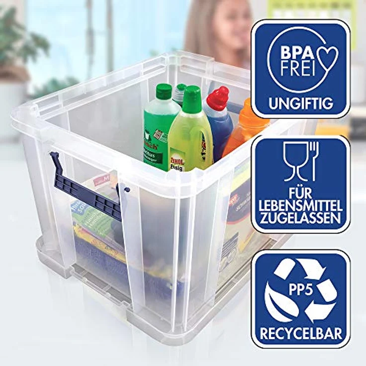 3 Bankers Box ProStore Aufbewahrungsbox aus Kunststoff mit Deckel, 36 l, superstarke stapelbare Kunststoff-Aufbewahrungsboxen (31,5 x 47,5 x 38 cm), transparent – Bild 4