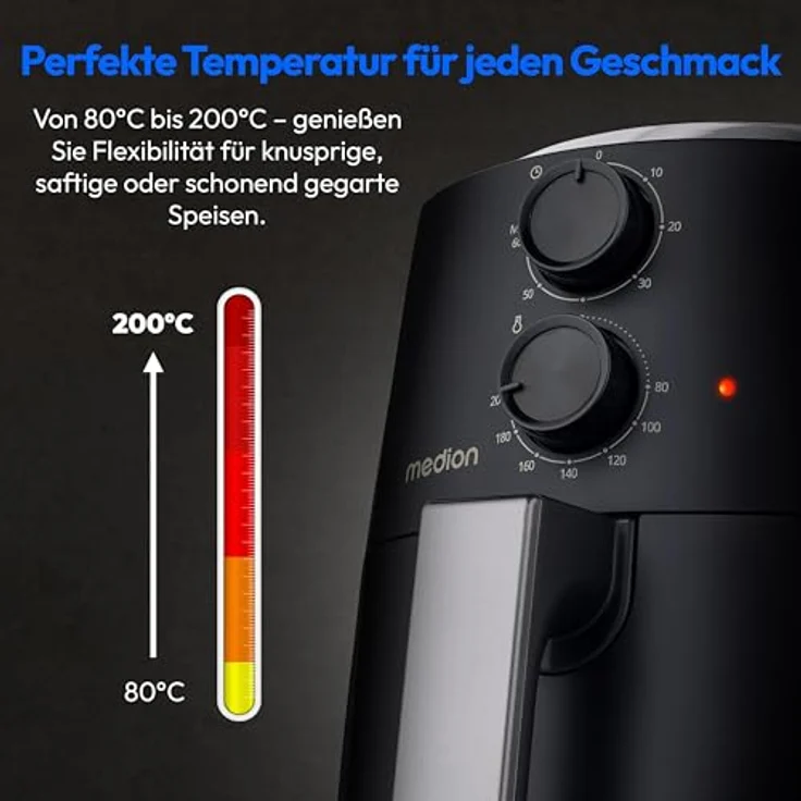 MEDION P30 L Heißluftfritteuse (4,7 Liter, 1500 Watt, einfache Bedienung, ölfreies Frittieren, 60 Min Timer, bis zu 200° C, Antihaft-Beschichtung, MD13020) schwarz – Bild 4