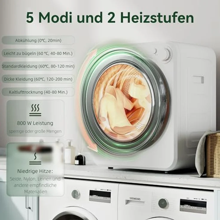 HOMCOM Waschtrockner B61-018V90WT, kompakt 4 kg, 5 Trockenprogramme, 60°C Heizzyklus, IPX4 Wasserschutz, Weiß – Bild 3
