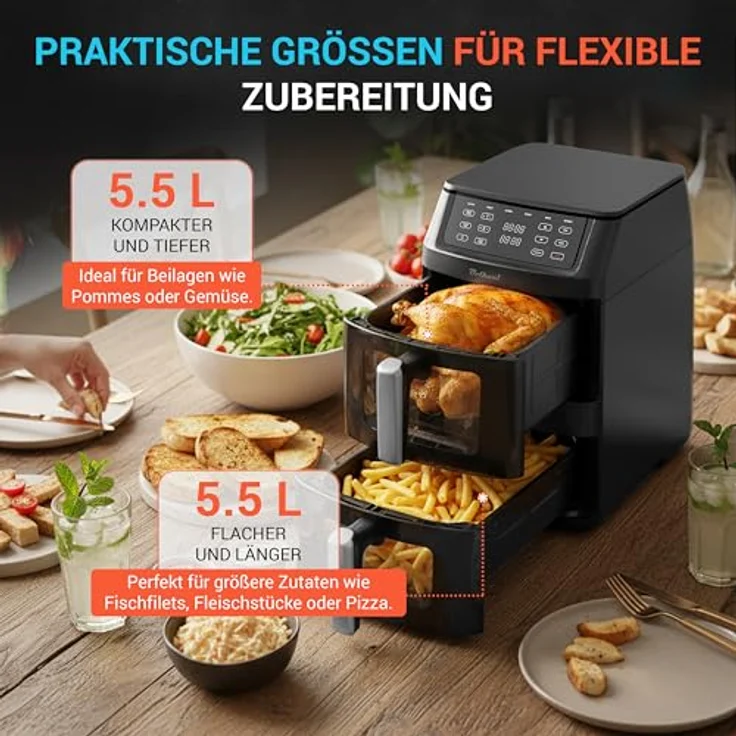 Bolkani Doppelkammer Heißluftfritteuse, 2500W Vertikale Double Stack Airfryer mit Sichtfenster, 11L, 6 Funktionen, Innenbeleuchtung, Antihaft-Beschichtung, Schwarz-Silber – Bild 2