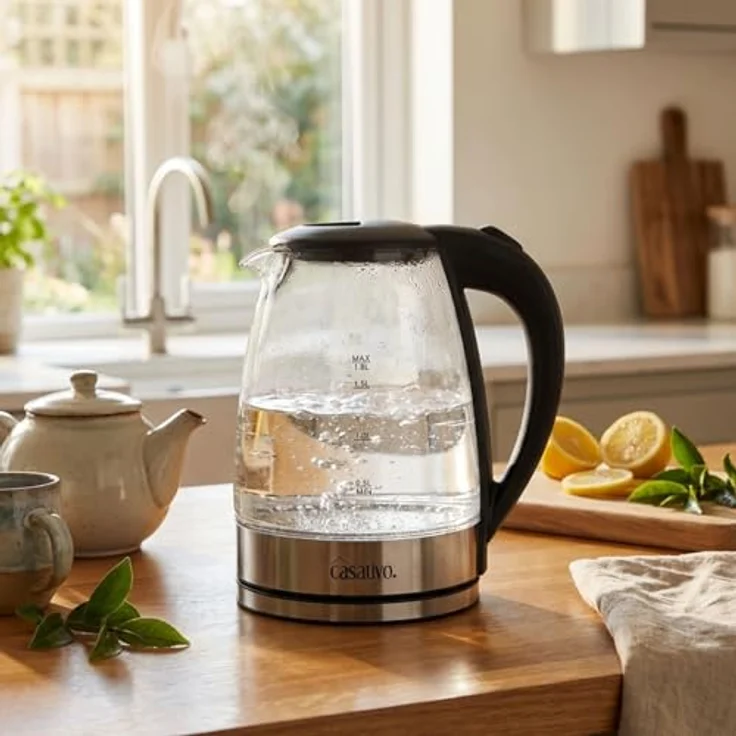 Casativo Edler Glas-Wasserkocher 1,8L mit blauer LED-Beleuchtung, Edelstahl, 2200W, Teekocher mit Abschaltautomatik & Trockenbetriebsschutz – Bild 2