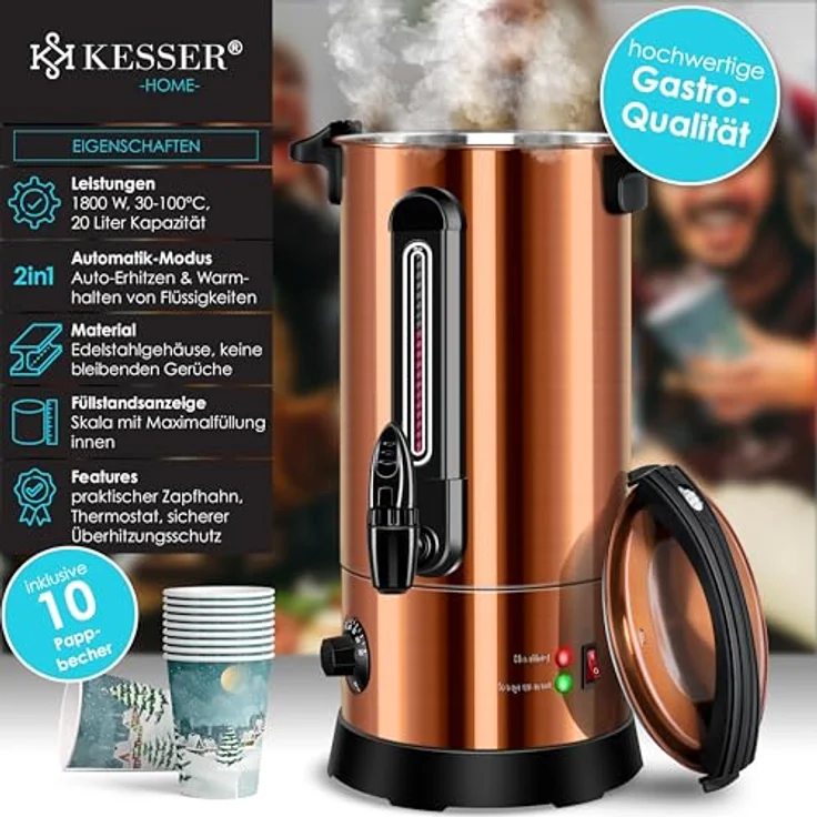 KESSER Glühweinautomat 20L, Edelstahl Einkochautomat mit 1800 W, Thermostat 30-100°C, Auto-Erhitzen & Warmhalten, inklusive 10 Bechern mit Wintermotiv – Bild 2