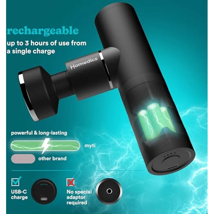HoMedics MYTI Mini Massagepistole mit Wärmefunktion - Handmassagegerät elektrisch im Taschenformat mit 5 Aufsätzen & 4 Vibration Intensitätsstufen - Schwarz – Bild 5