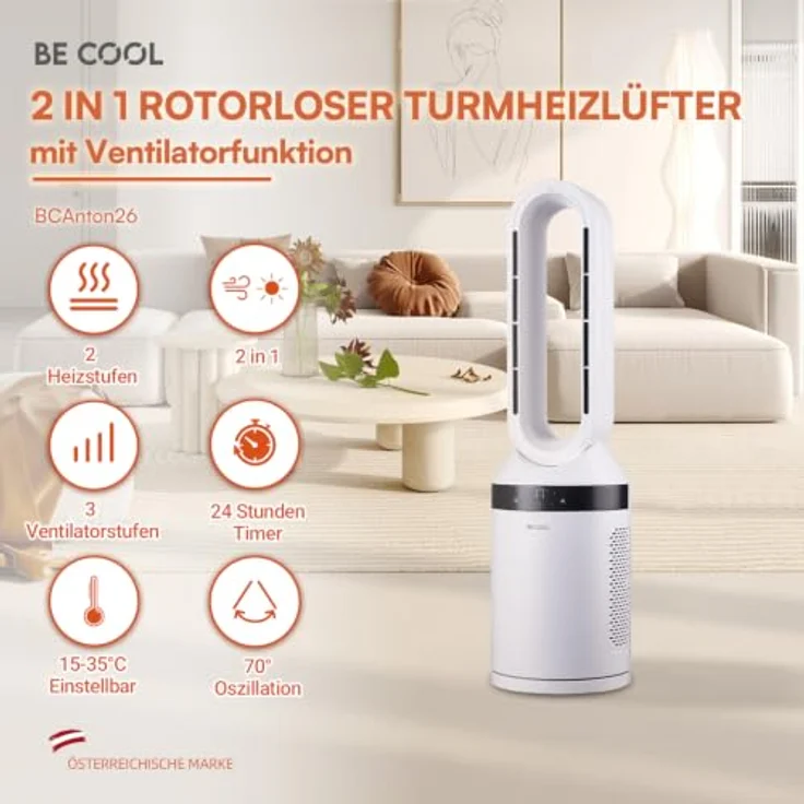 Be Cool BCAnton26 Säulen-Heizlüfter, 2000 Watt 2-in-1 Heizlüfter und Ventilator, weiß mit LED-Touch-Display und Fernbedienung – Bild 2