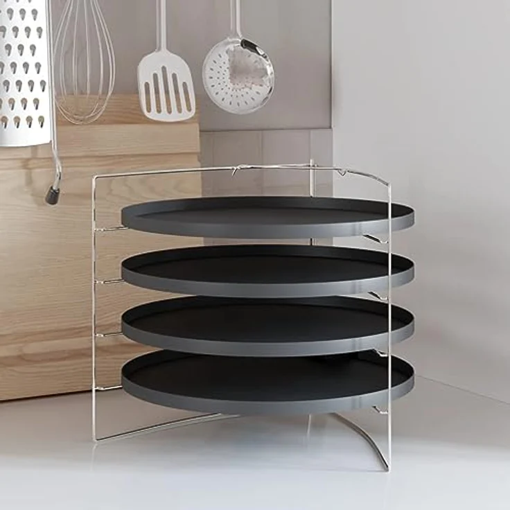 vidaXL Pizzablech Set mit Gestell, 4er Pack, Ø 28 cm, Stahl, Schwarz – Bild 2