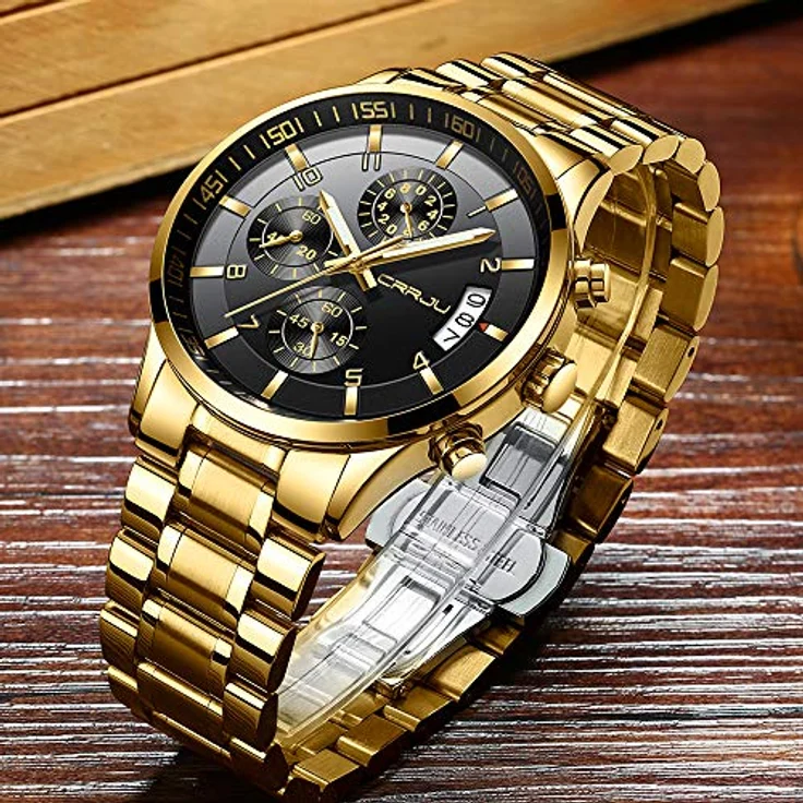 CRRJU Herren Chronographen Armbanduhr, wasserdichtes Edelstahlarmband mit Kalender, Gold Schwarz – Bild 3
