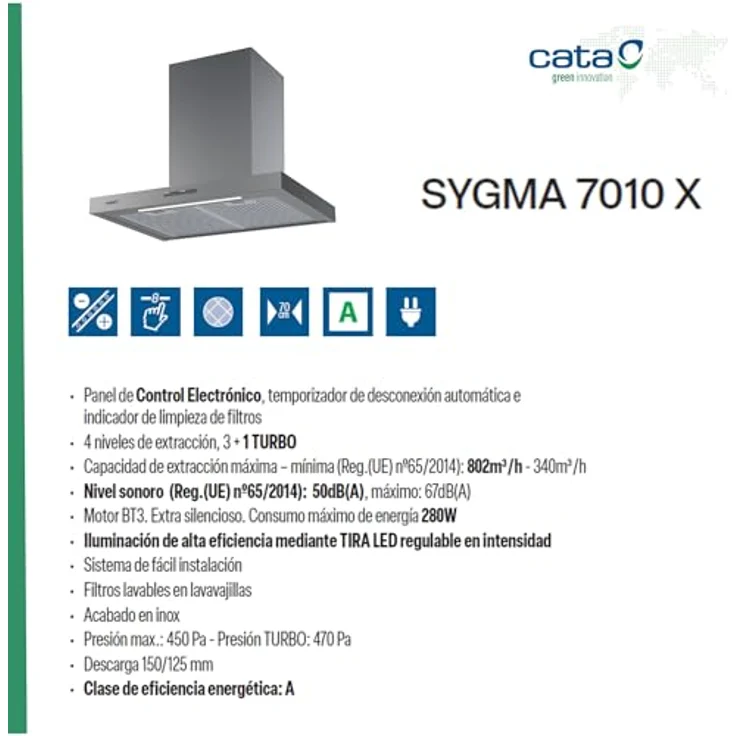 CATA SYGMA 7010 x 70/CMS, Edelstahl Dunstabzugshaube mit 802 m³/h Förderleistung, 4 Stufen, T-Inverter, Klasse A, leiser BT3-Motor – Bild 4