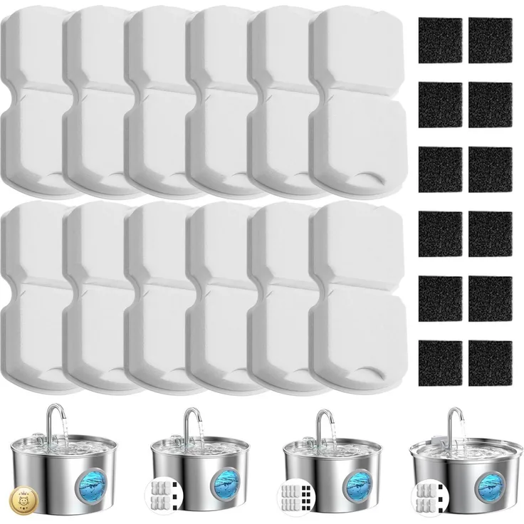 GIOTOHUN Katzenbrunnen Filter Set, 24 Stück mit 12 Kohlefiltern und 12 Schaumstofffiltern für Mehrfachfiltration, passend für 2.2-Liter Edelstahl-Wasserspender