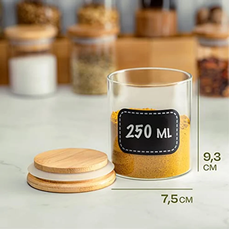 Niboline Gewürzbehälter 8er Set 250ml mit Etiketten und Stift - Luftdicht - Spülmaschinenfest - Transparent - Gewürzgläser für Gewürze und Kräuter – Bild 7