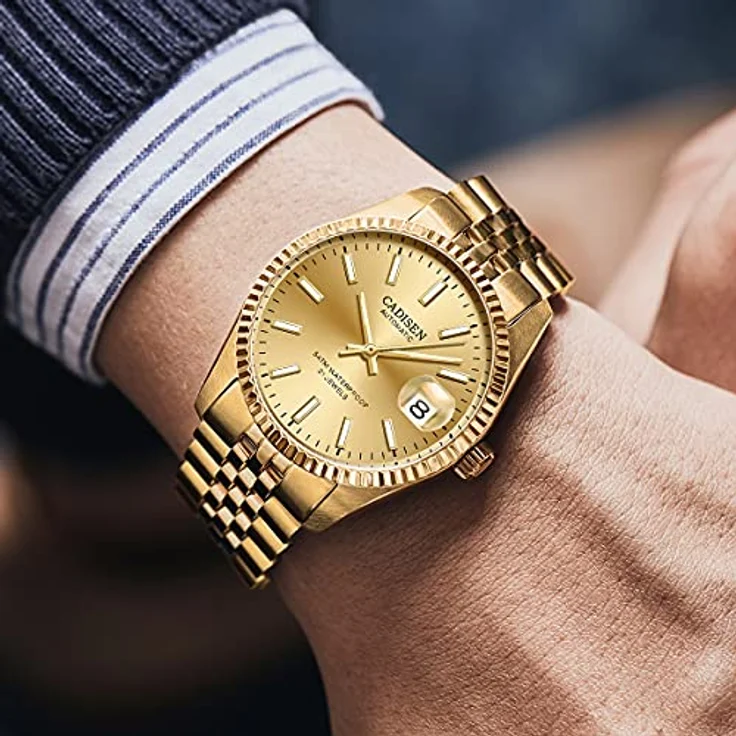 CADISEN Herren Automatik Uhr, elegante mechanische Armbanduhr mit Saphirglas, wasserdicht bis 50 m, Edelstahlarmband, gold – Bild 4