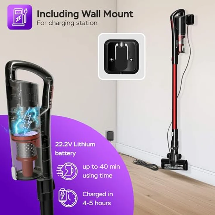 TurboTronic TT-LV8, Akku-Hand- und Stielstaubsauger mit LASER-LED, 120W, 11 kPa, kabellos, leise < 80 dB, für Teppich & Hartboden – Bild 6
