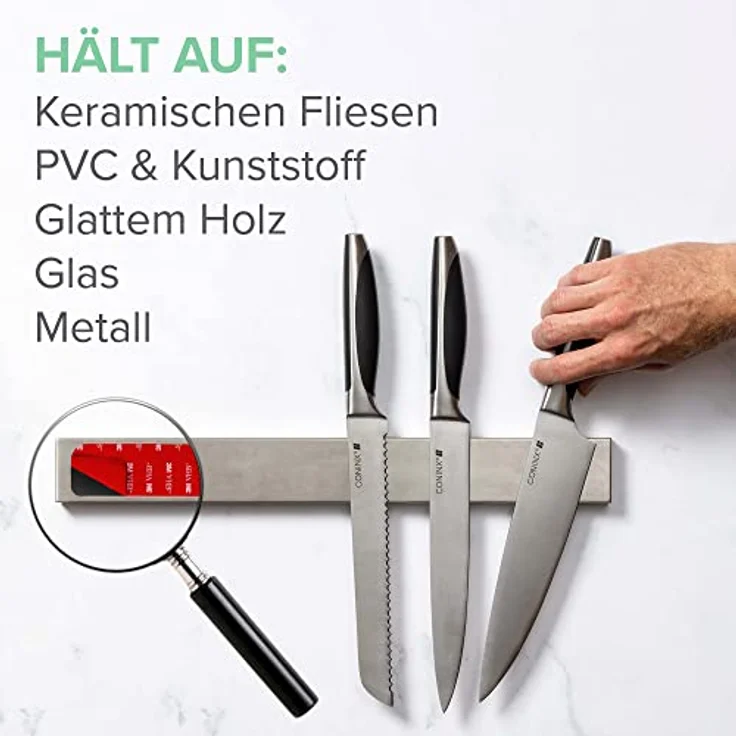 Coninx Magnetleiste Messer 40cm | Magnetischer Messerblock Edelstahl | Wandmontage oder Selbstklebend 3M VHB Klebeband | Küchenmesser Messerhalter Magnetisch mit extra starker Magnet | Magnetstreifen – Bild 2